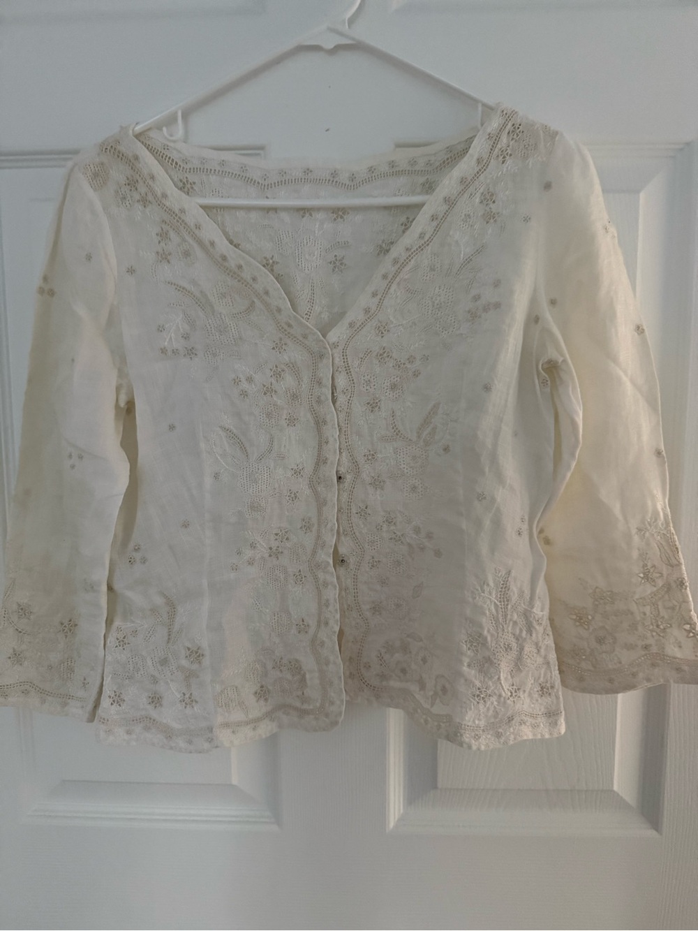 Oscar de la Renta Vintage Cream Embroidered Button-Front Blouse